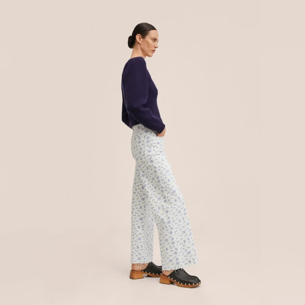 Wide-Leg Floral Print Jeans - White with Blue Floral - Picture 7 of 9